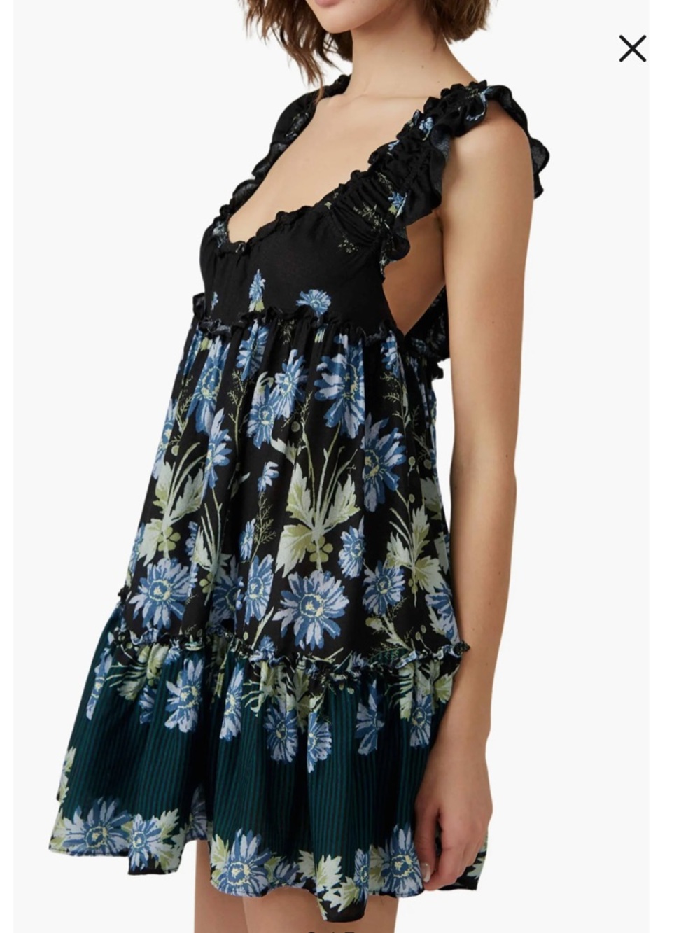 Free People Black and Blue Floral Mini Dress with Ruffles - Picture 3 of 16